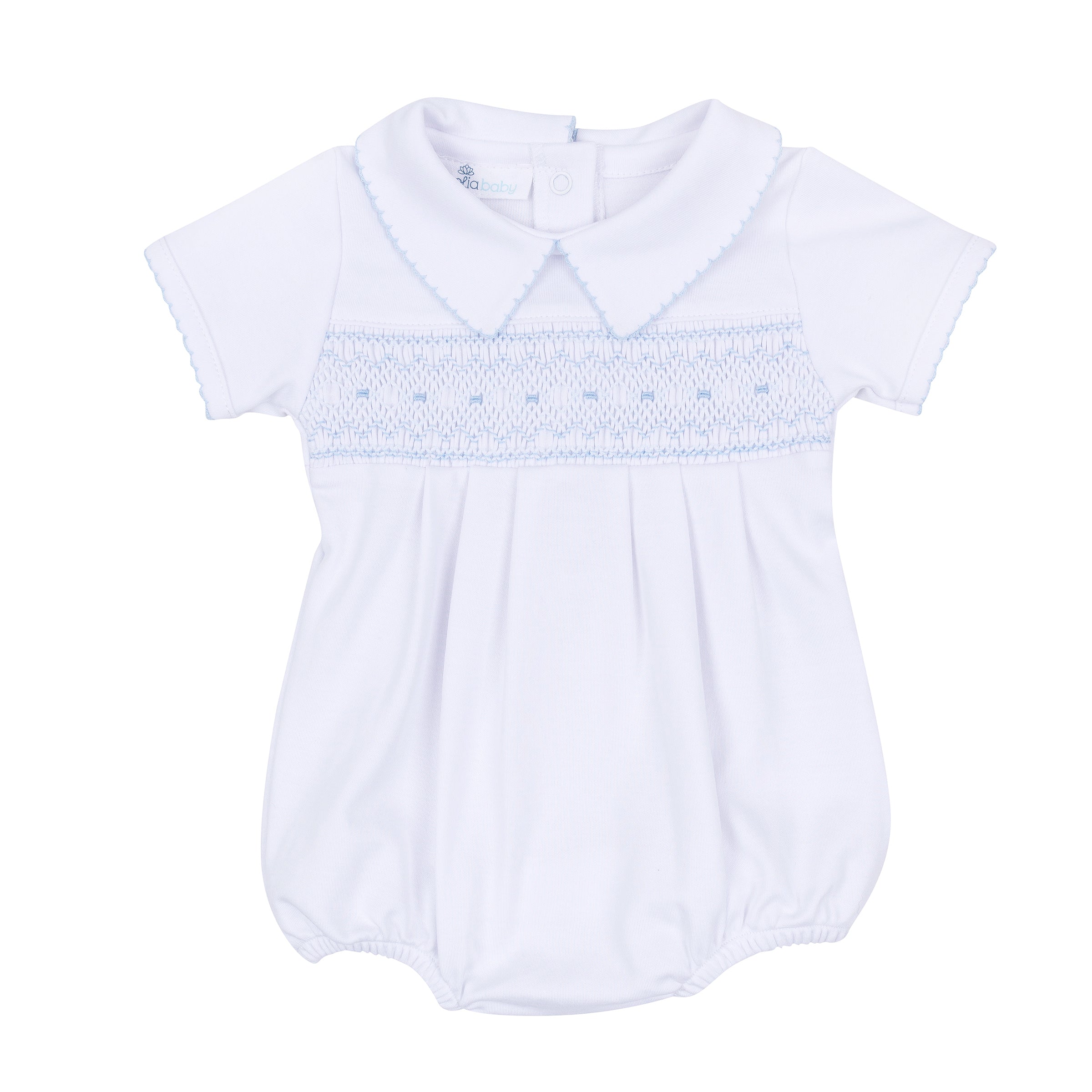 Magnolia Baby George Smocked Bubble- White and Light Blue