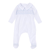 Magnolia Baby George Smocked Footie- White and Light Blue