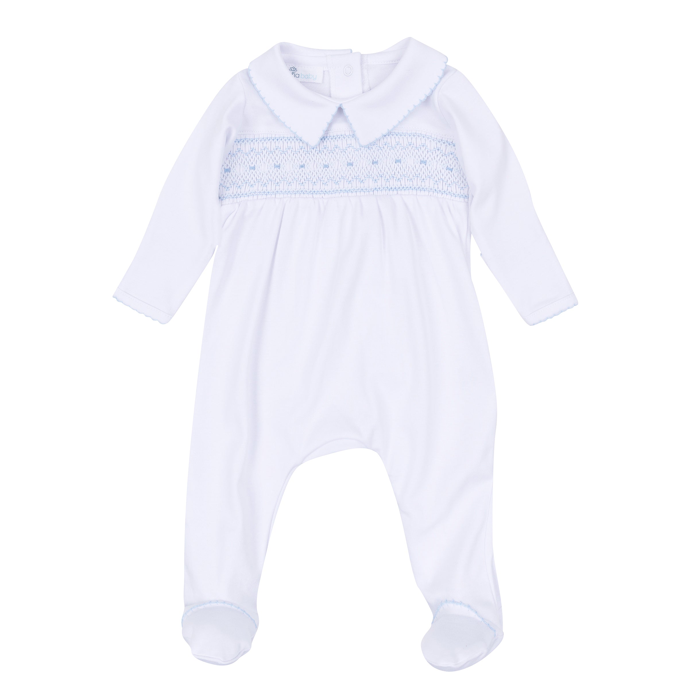 Magnolia Baby George Smocked Footie- White and Light Blue
