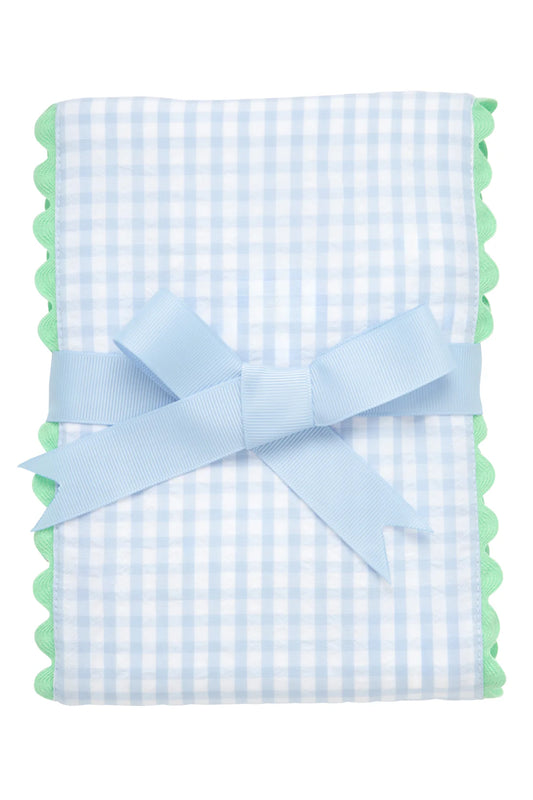 Big Check Fancy Fabric Burp Cloth- Blue with Green Trim