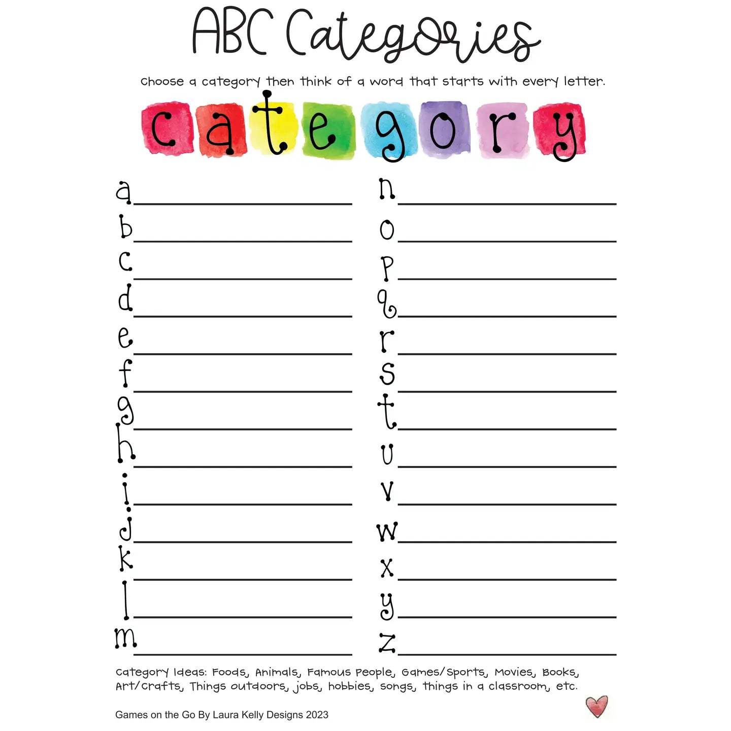 Games on the Go - ABC Categories memo pad