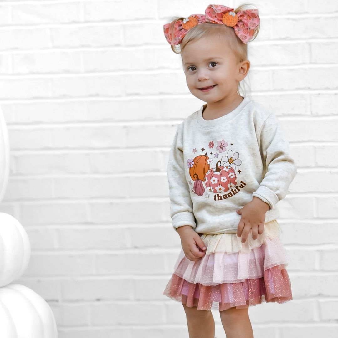 Sweet Wink Thankful Pumpkin Daisy Thanksgiving Sweatshirt - Natural