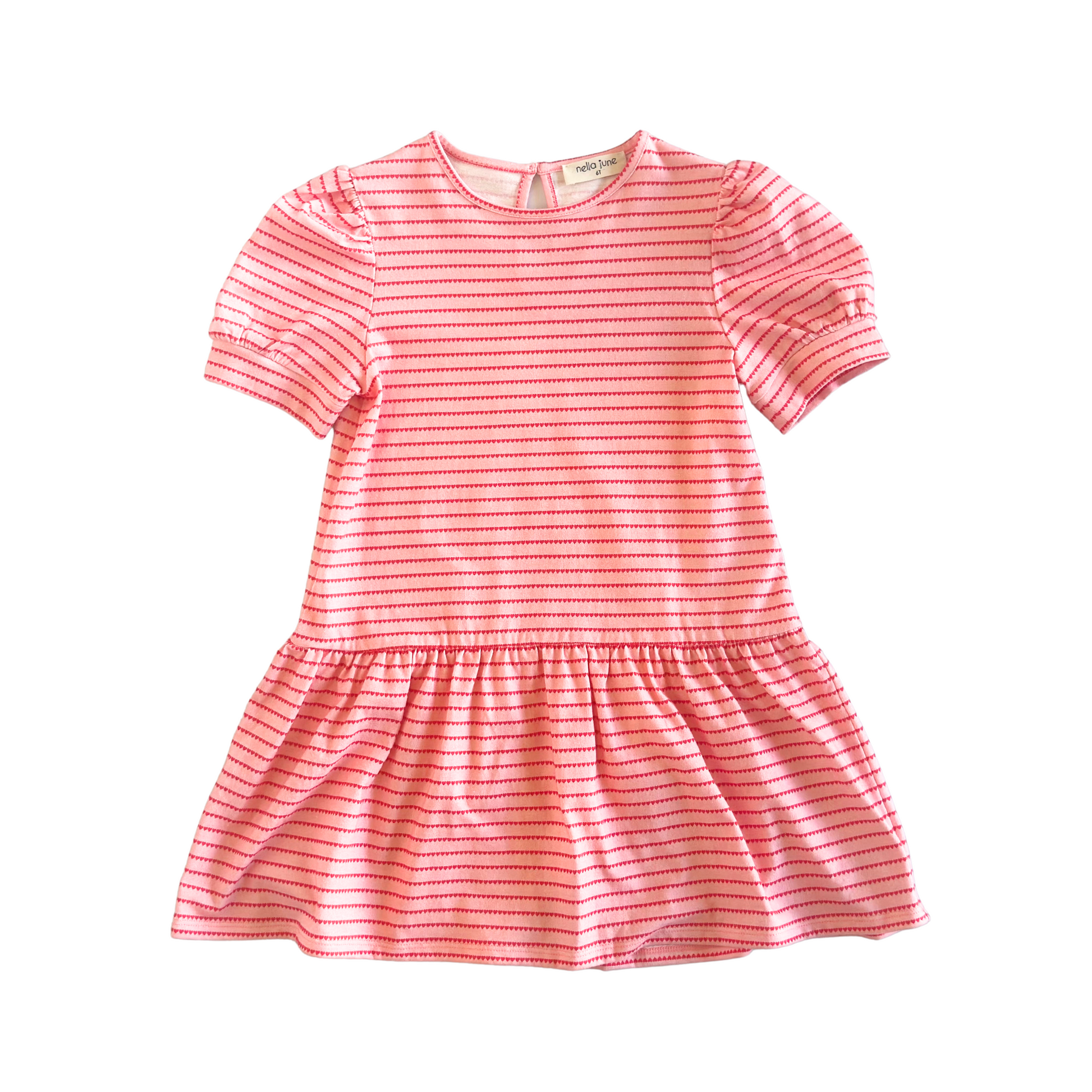 Nella June Puff Sleeve Tennis Dress in Pink & Red Heart Stripe