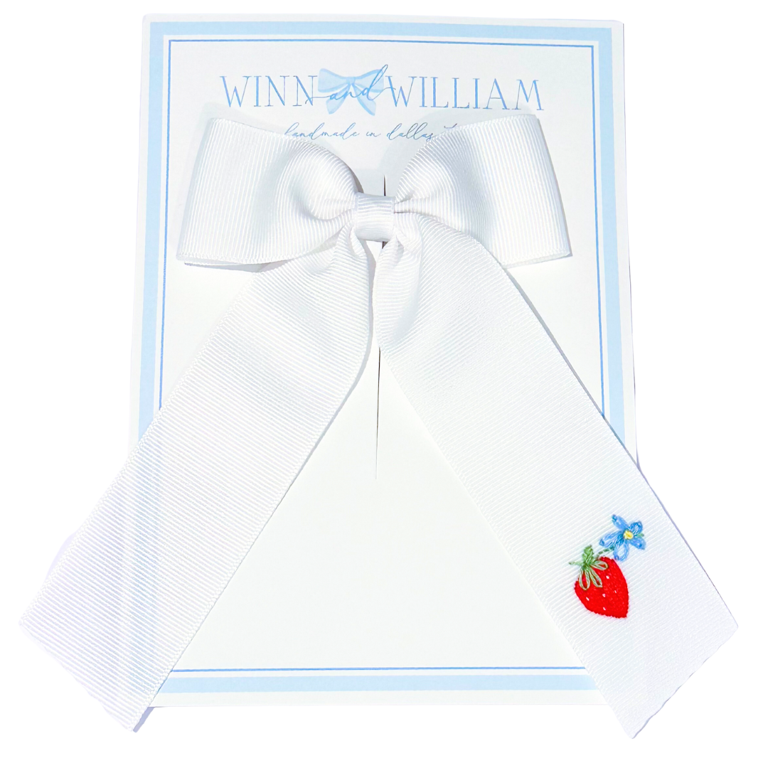 White Medium Strawberry Bow by Winn and William Hand Embroidered Bows