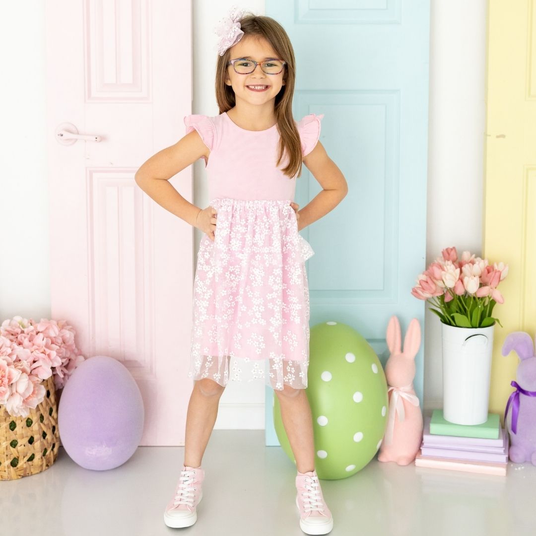 Sweet Wink Pink Ditsy Daisy Easter Tiered Short Sleeve Tutu Dress