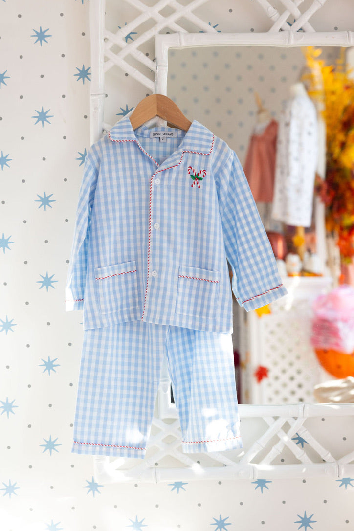 Candy Cane Embroidered Blue Gingham Pajamas