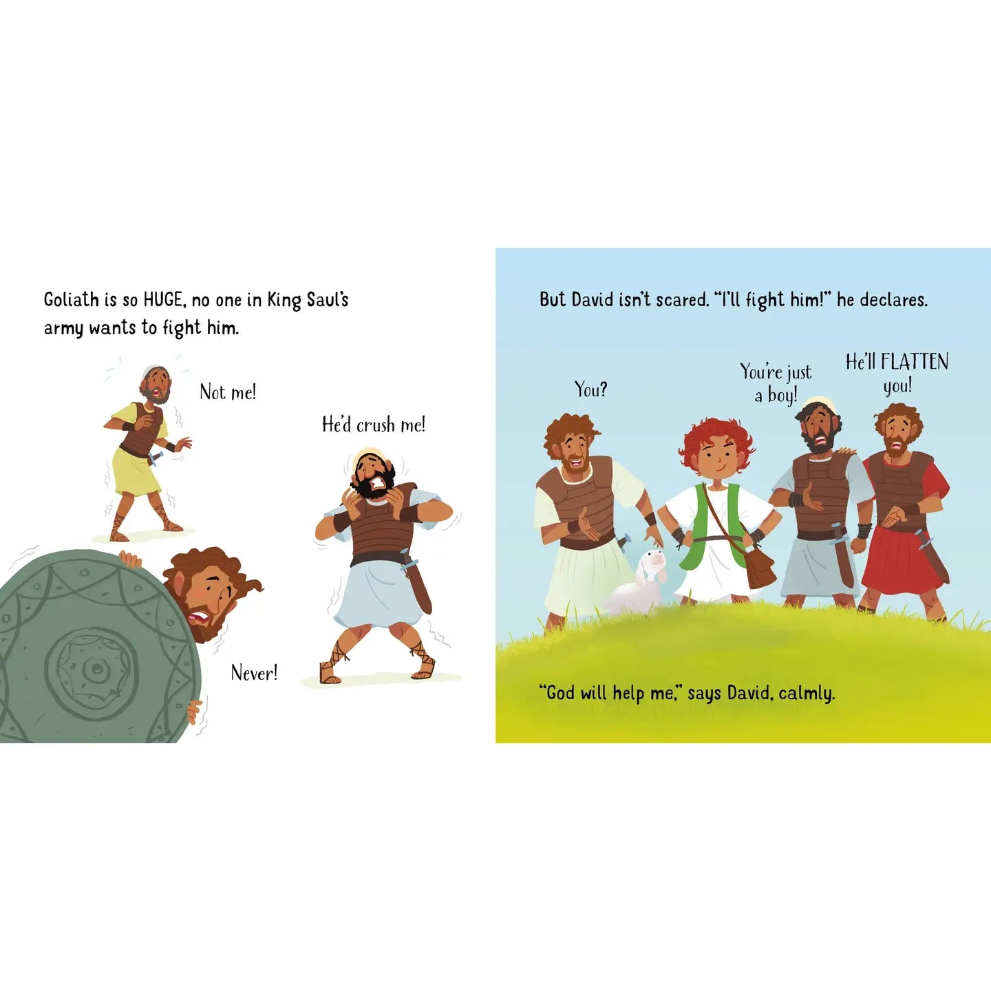 Illustrated book page with characters and text about David and Goliath.