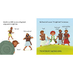 Illustrated book page with characters and text about David and Goliath.