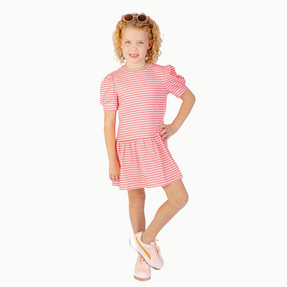 Nella June Puff Sleeve Tennis Dress in Pink & Red Heart Stripe