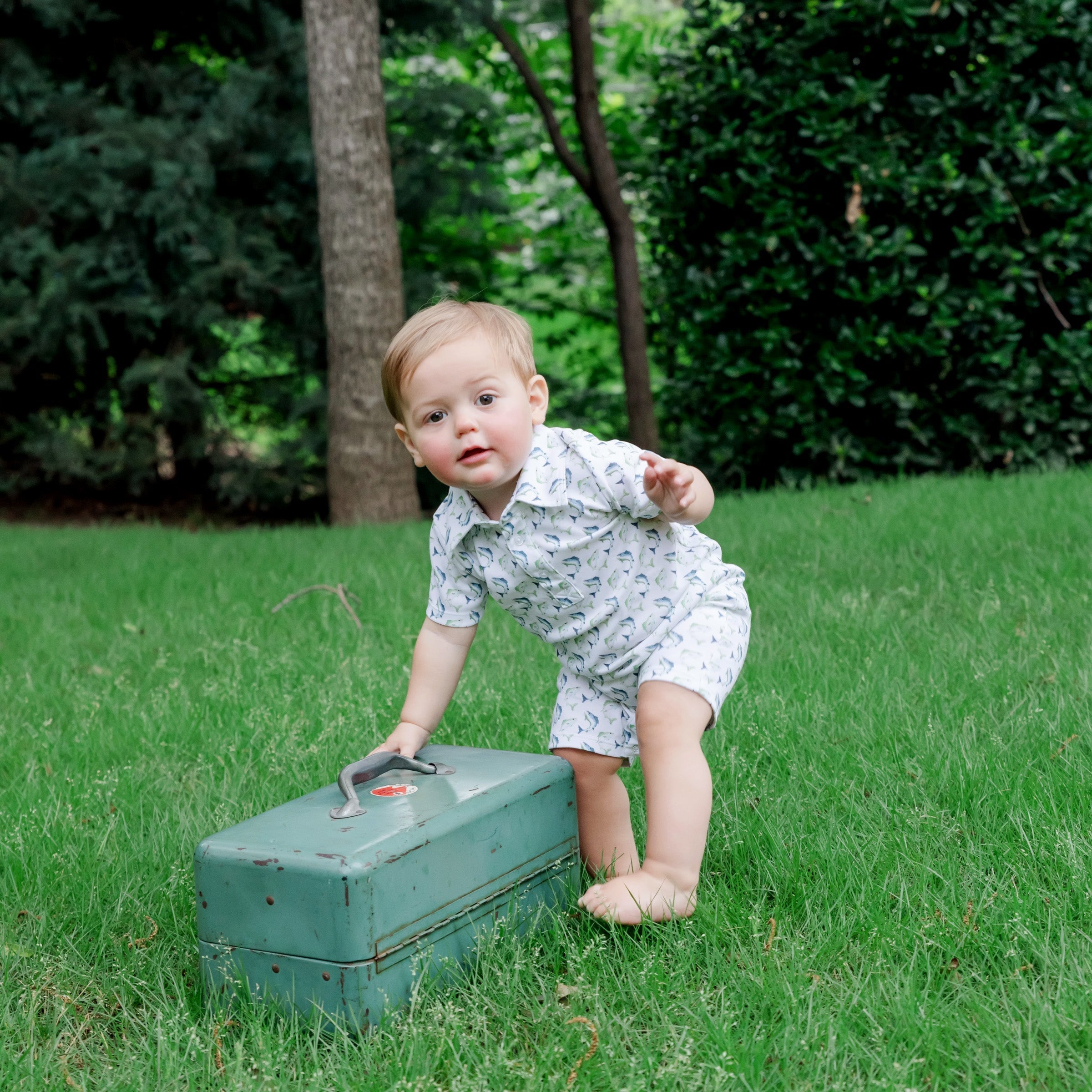 Lila and Hayes Tripp Boys' Polo Shortall - Jumping Trout Fish 