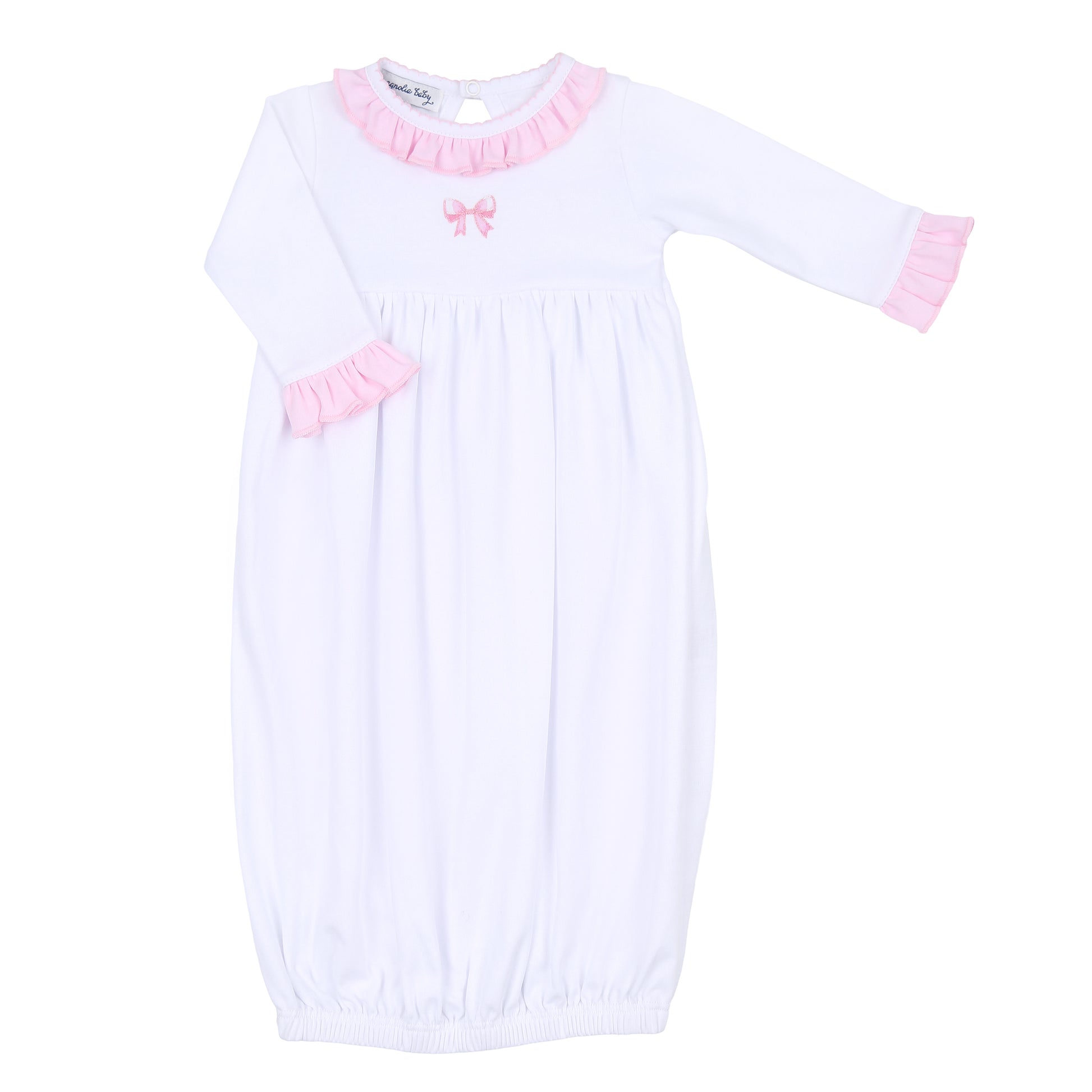 Magnolia Baby Baby Bows Embroidered Ruffle Gathered Gown