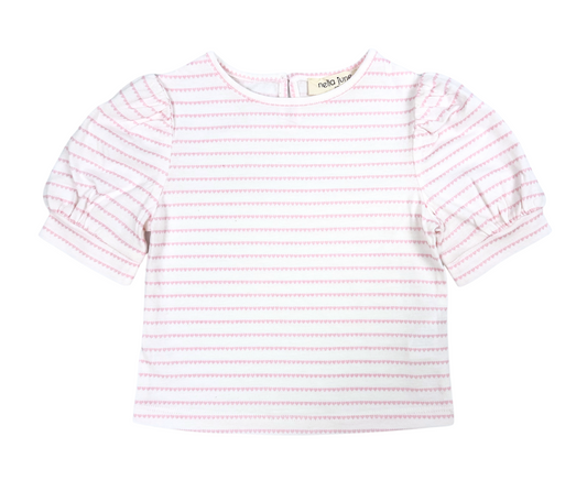 Nella June Puff Sleeve Tee in Pink Heart Stripe