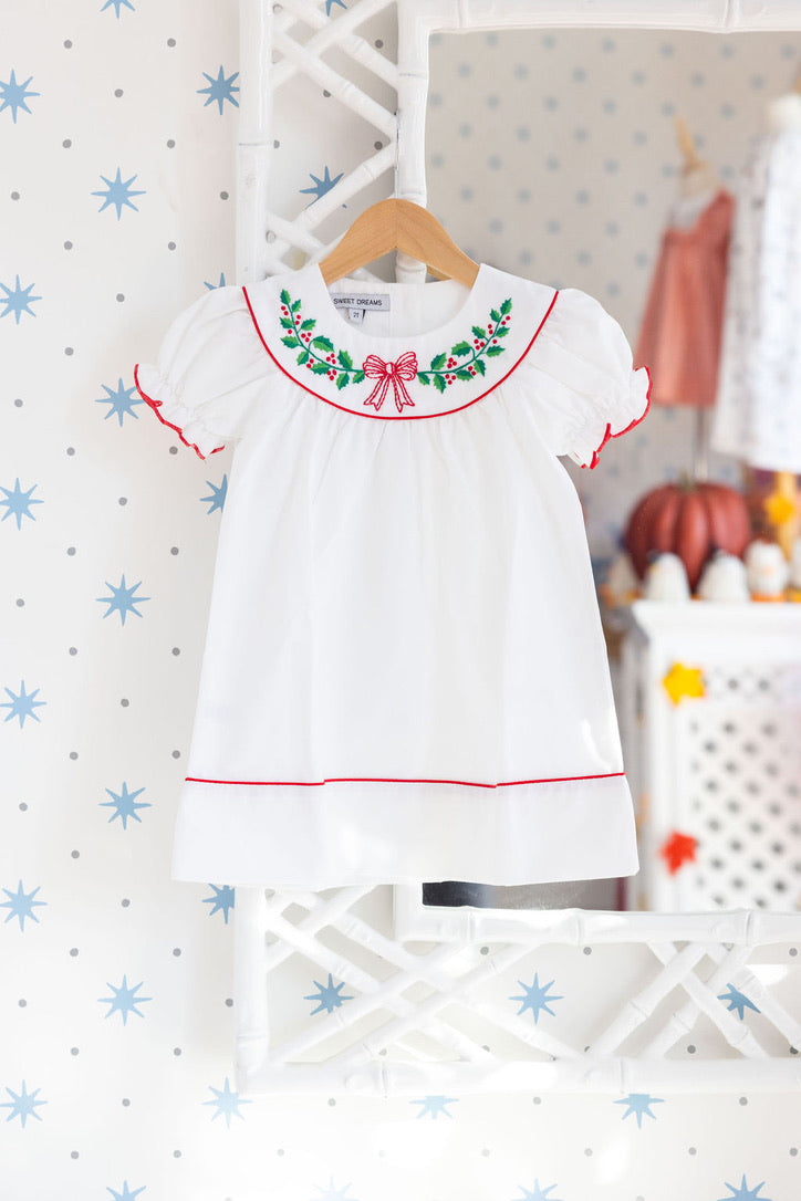 White Embroidered Wreath and Red Bow Dress