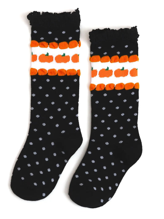 Little Stocking Co. Pumpkin Dot Lace Top Knee High Socks