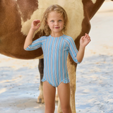 Minnow Girls Isla Blue Stripe Quarter Sleeve Rashguard One Piece