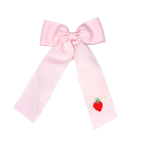 Winn and William Hand Embroidered Bows Medium Strawberry Bow - Pink