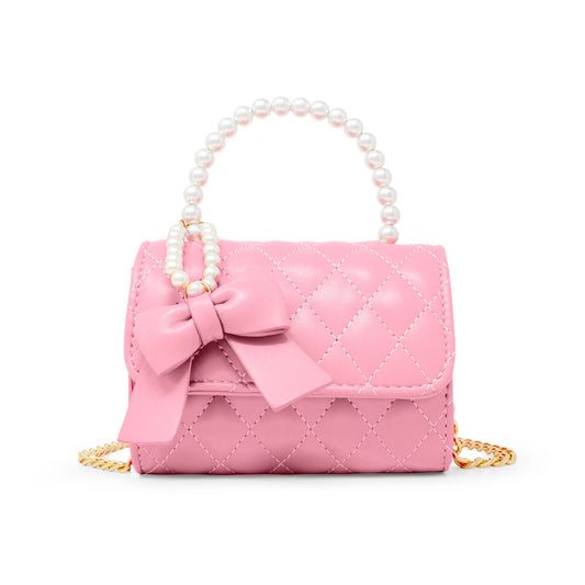 Zomi Gems Quilted Pearl Handle Bow Ribbon Purse- Pink