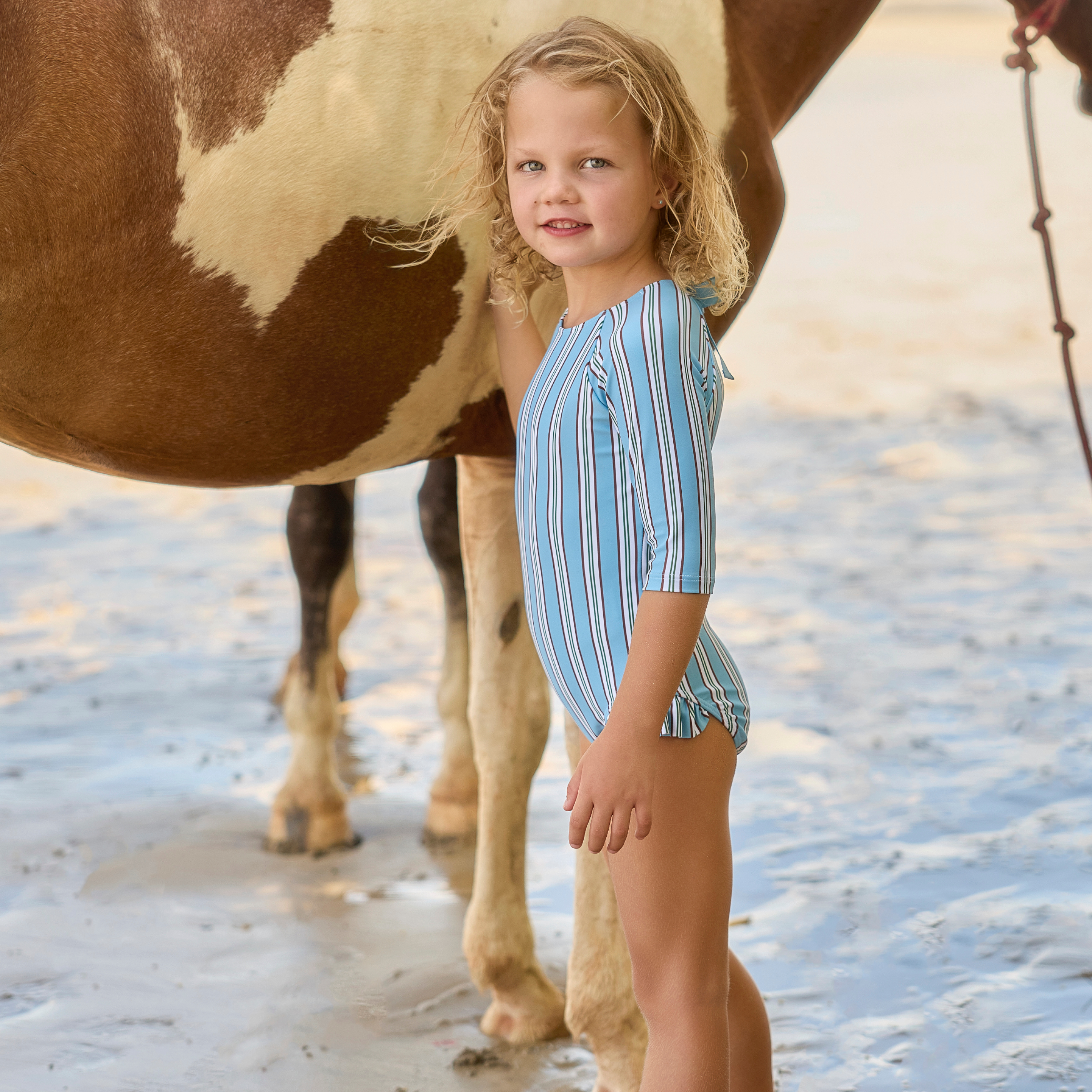 Minnow Girls Isla Blue Stripe Quarter Sleeve Rashguard One Piece