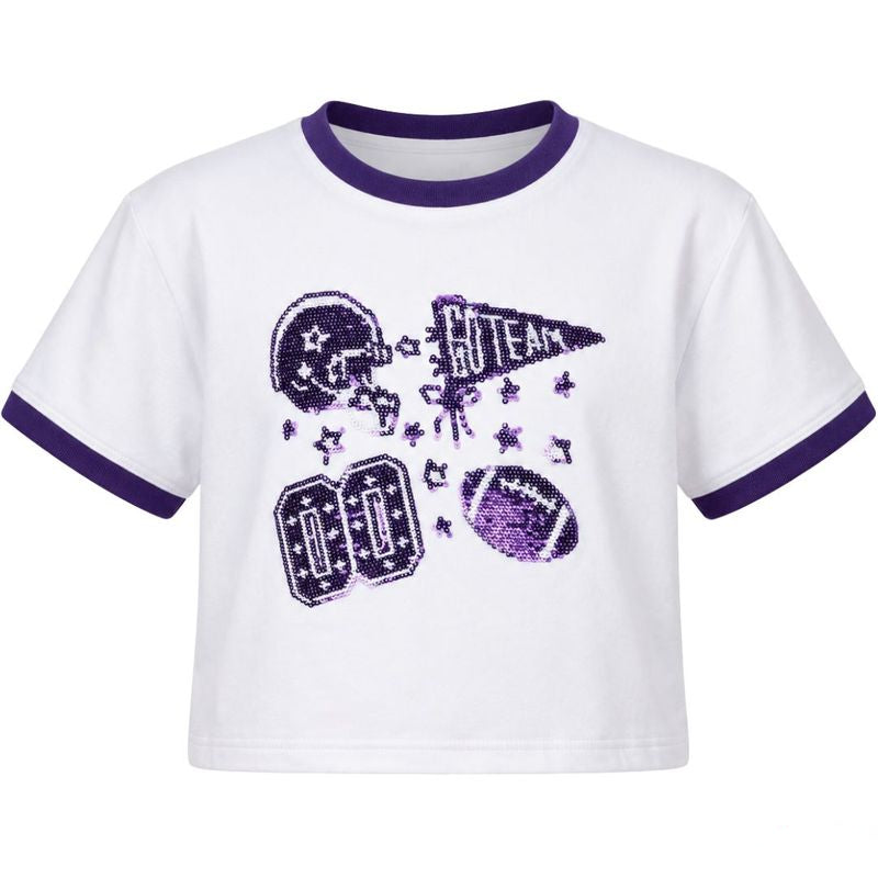 Sequin Football Elements Boxy Tee- Purple