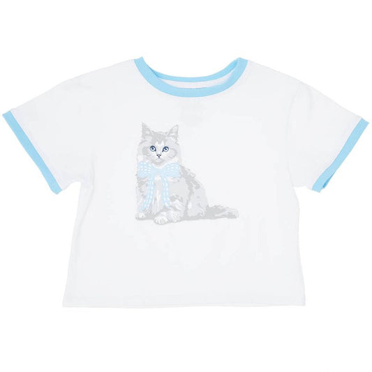 Azarhia Blue Gingham Bow Kitty Ringer Tee