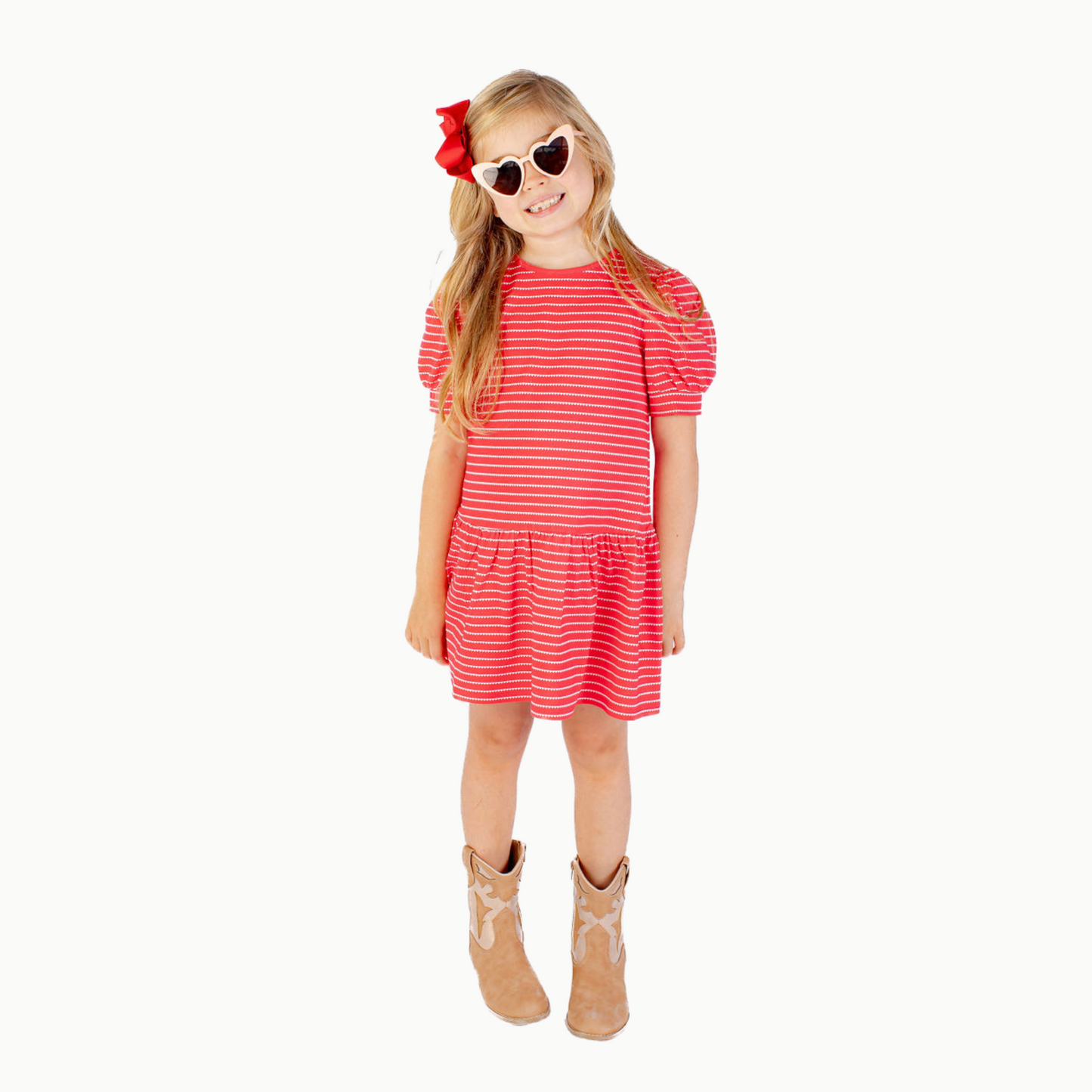 Nella June Puff Sleeve Tennis Dress in Red & White Heart Stripe