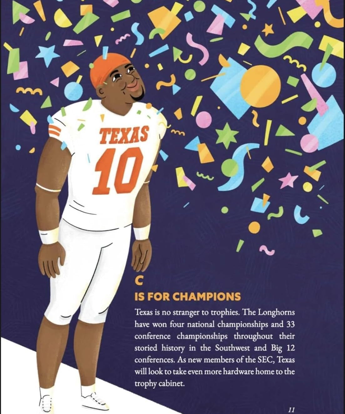 Illustration of a person wearing a Texas football jersey with colorful abstract designs in the background.