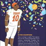 Illustration of a person wearing a Texas football jersey with colorful abstract designs in the background.