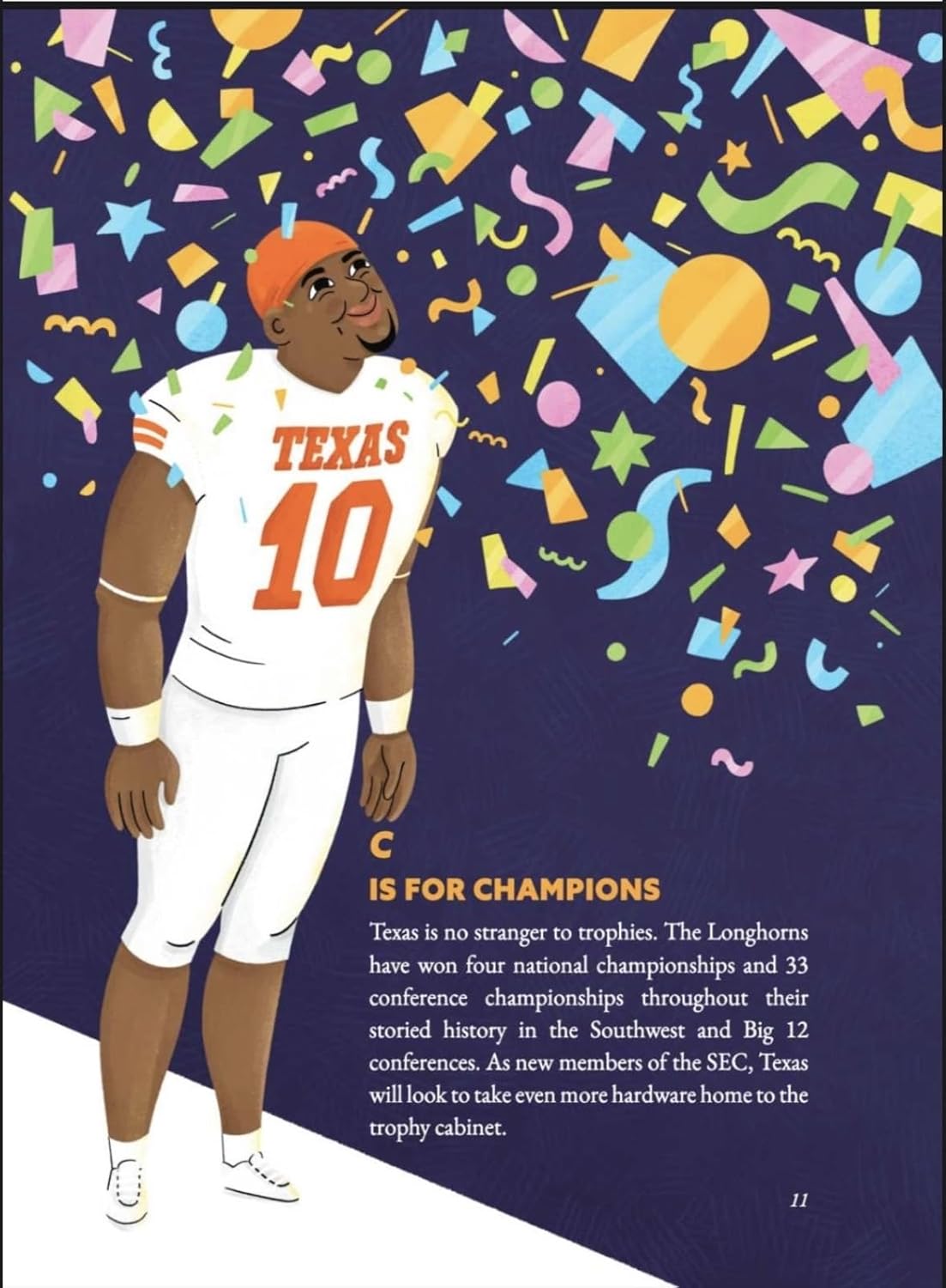 Illustration of a person wearing a Texas football jersey with colorful abstract designs in the background.