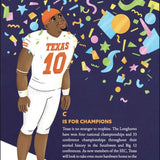 Illustration of a person wearing a Texas football jersey with colorful abstract designs in the background.