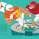 Illustration of two football players on a field with a teal background