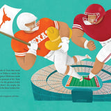 Illustration of two football players on a field with a teal background