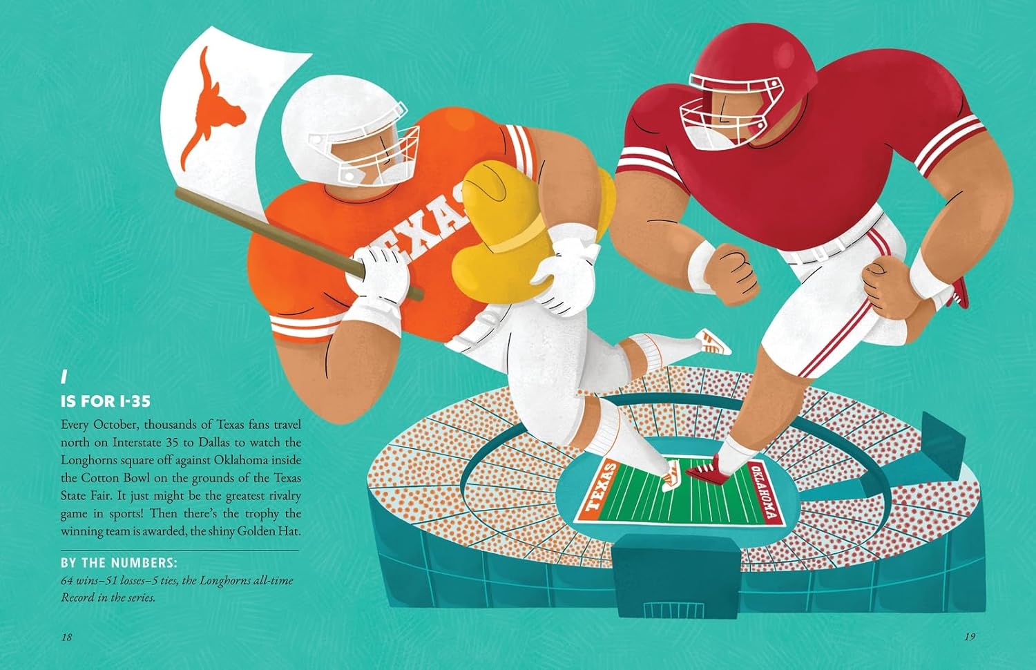 Illustration of two football players on a field with a teal background