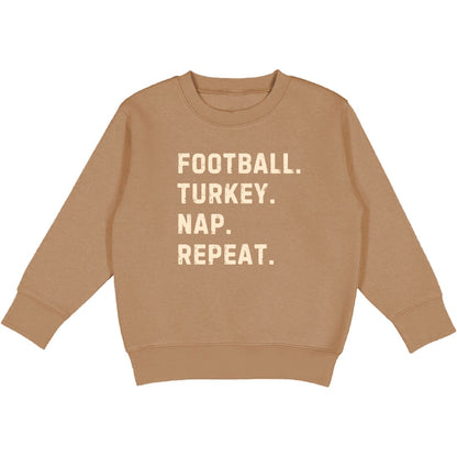 Sweet Wink Football Turkey Nap Repeat Thanksgiving Sweatshirt - Mocha