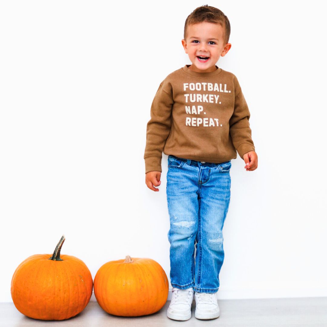 Sweet Wink Football Turkey Nap Repeat Thanksgiving Sweatshirt - Mocha