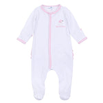 Magnolia Baby Santa Baby Embroidered Baby's First Christmas Ruffle Footie- Pink