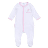 Magnolia Baby Santa Baby Embroidered Baby's First Christmas Ruffle Footie- Pink