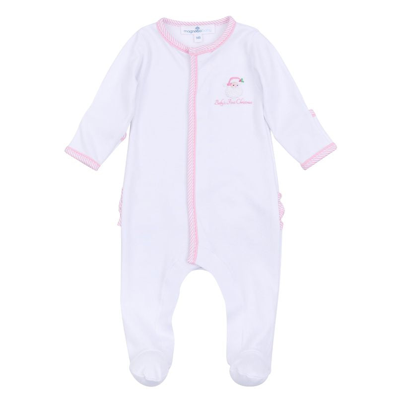 Magnolia Baby Santa Baby Embroidered Baby's First Christmas Ruffle Footie- Pink