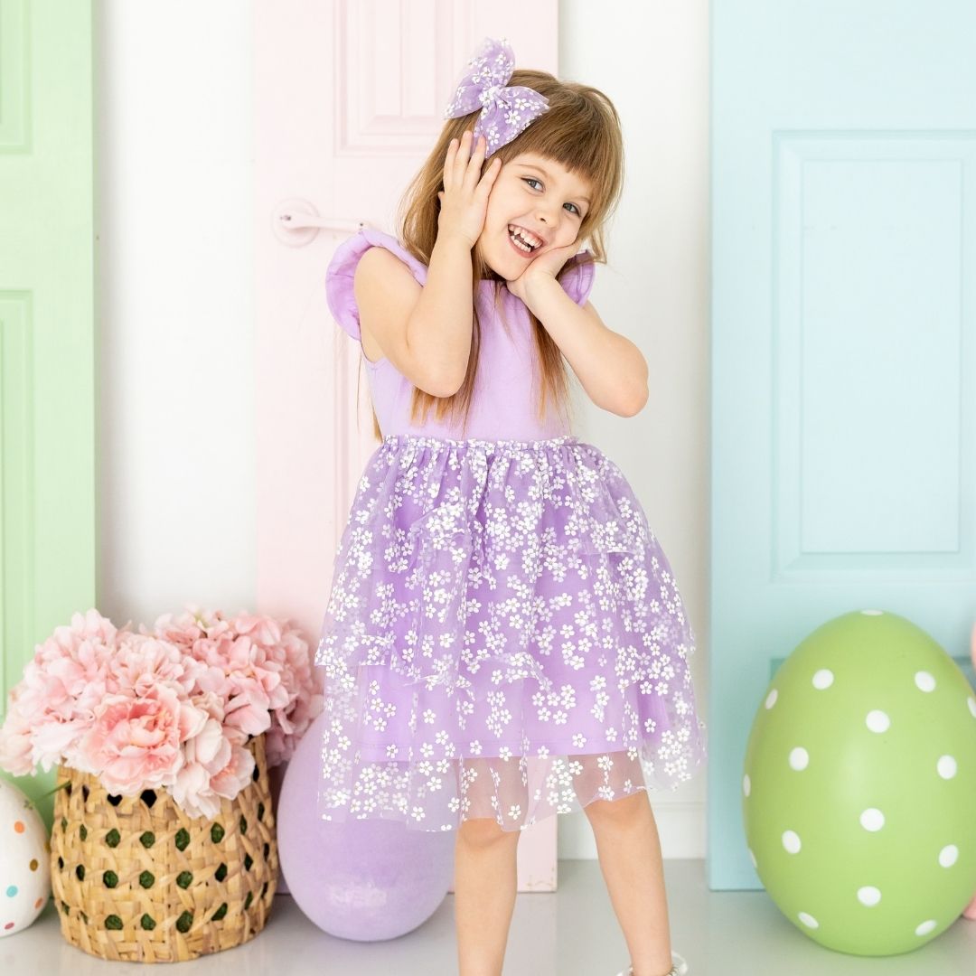 Sweet Wink Lavender Ditsy Daisy Easter Tiered Short Sleeve Tutu Dress