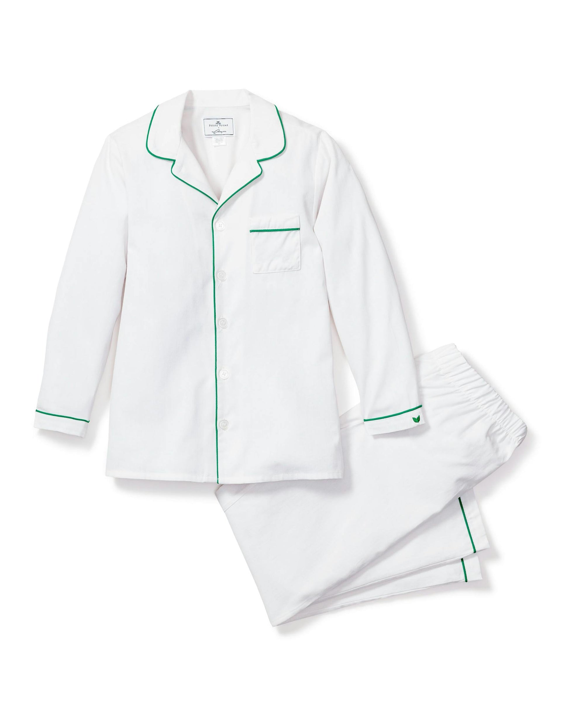 Petite Plume White Twill with Green Piping Pajama Set