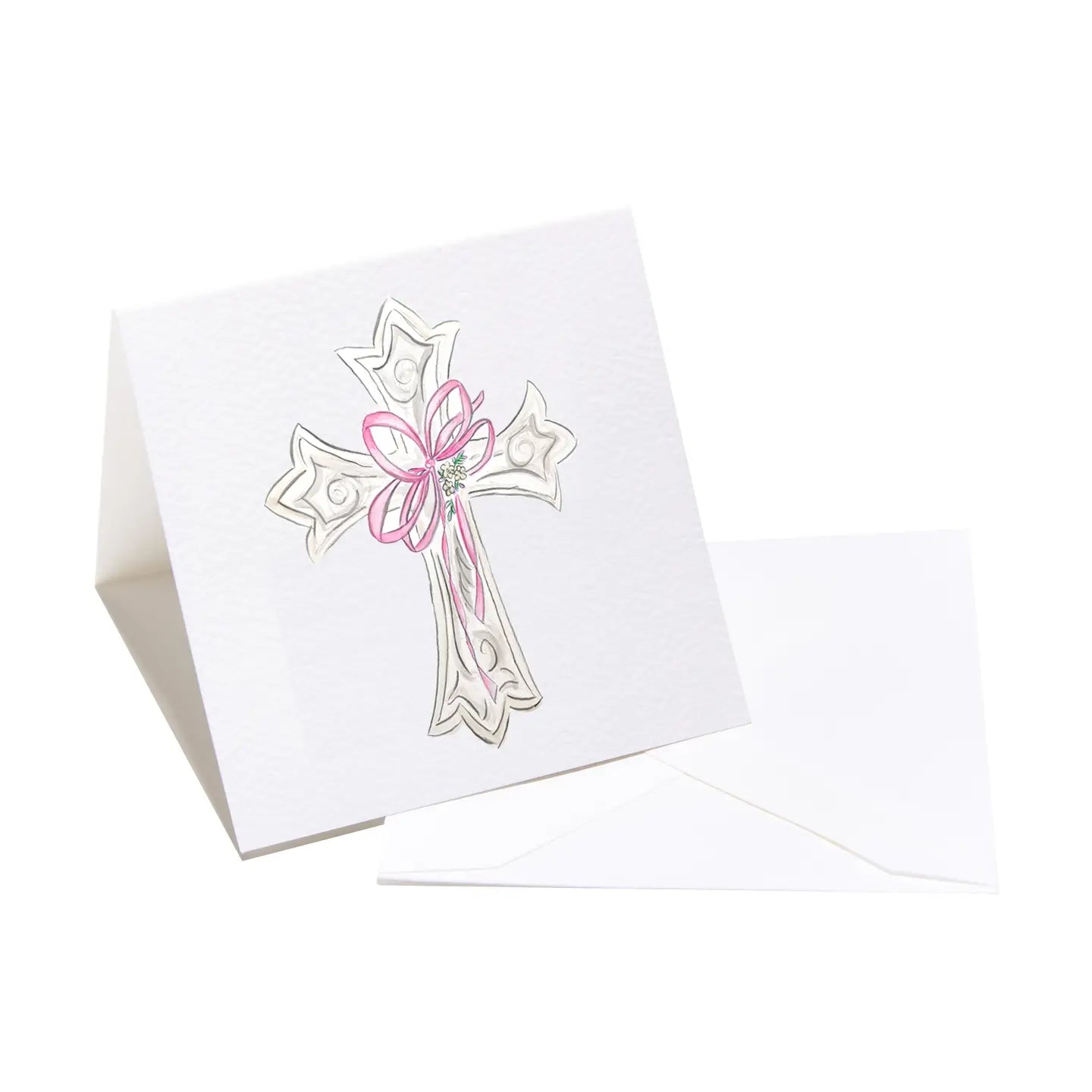 Greeting card with a decorative cross and pink bow on a white background
