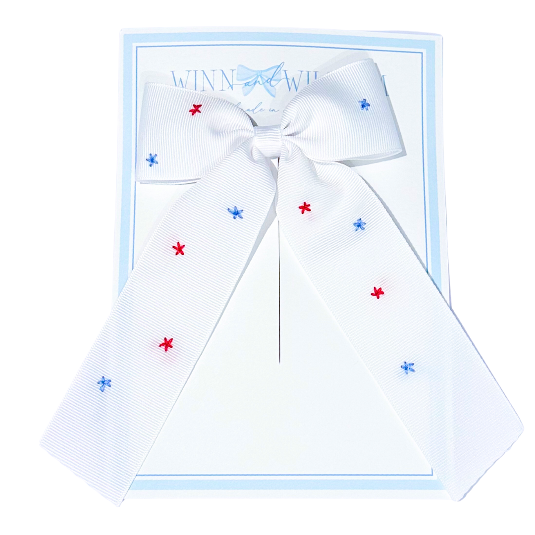 Winn and William Hand Embroidered Bows Medium Stars All Over Bow - White