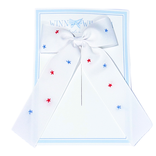 Winn and William Hand Embroidered Bows Medium Stars All Over Bow - White