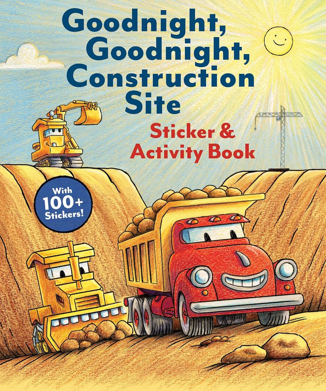 Sticker and activity book cover with construction vehicles and a sun.