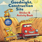 Sticker and activity book cover with construction vehicles and a sun.