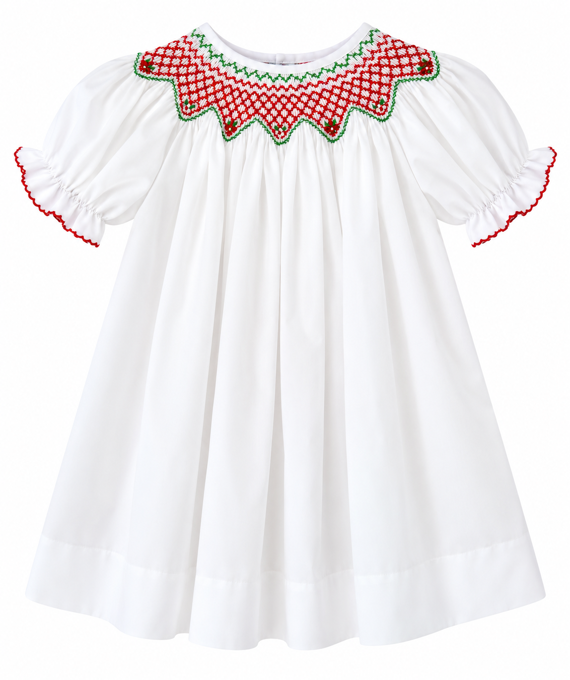 A white cotton dress for toddlers or girls, featuring short puff sleeves with red and green ruffled trim, and a decorative embroidered yoke with a red and green checkered pattern and green border.