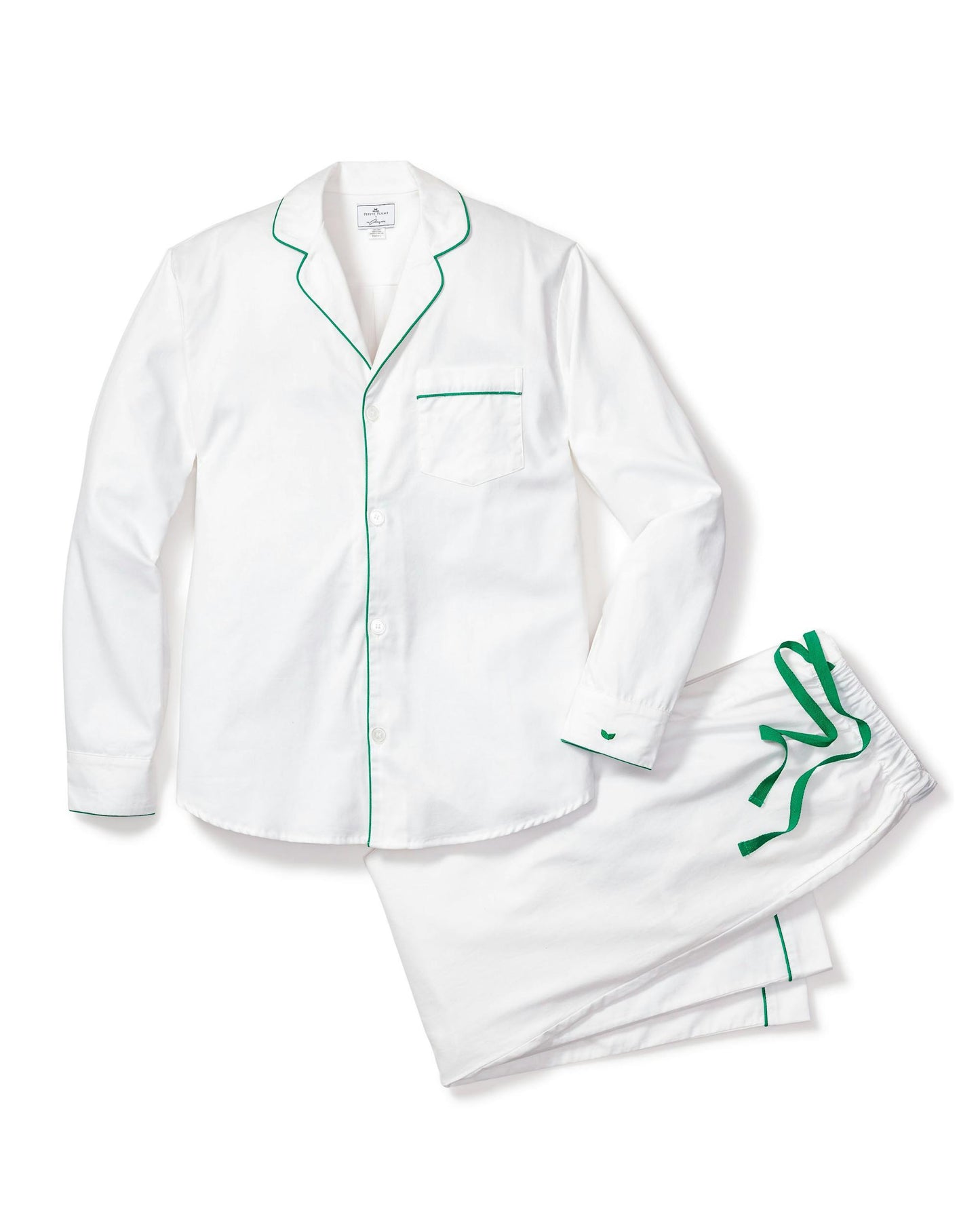 Petite Plume Men's White Twill with Green Piping Pajama Set