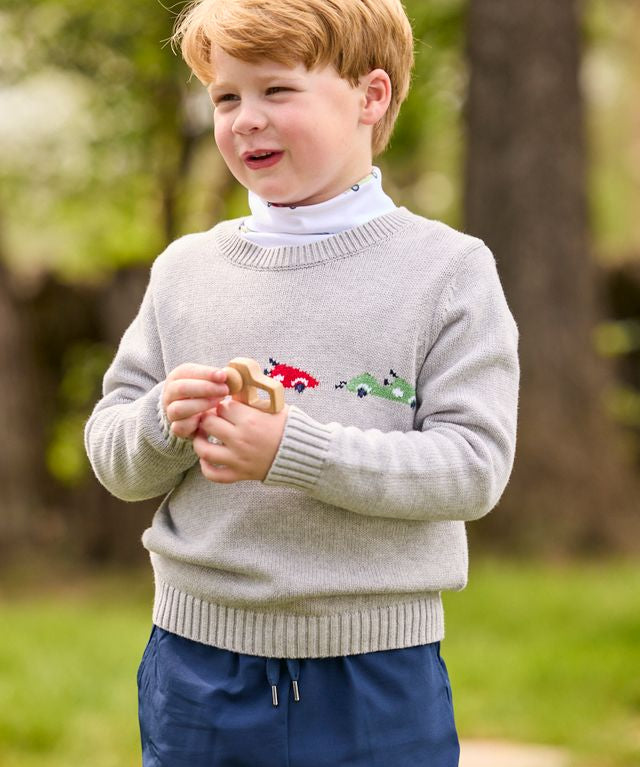 Little English Intarsia Sweater- Race Cars
