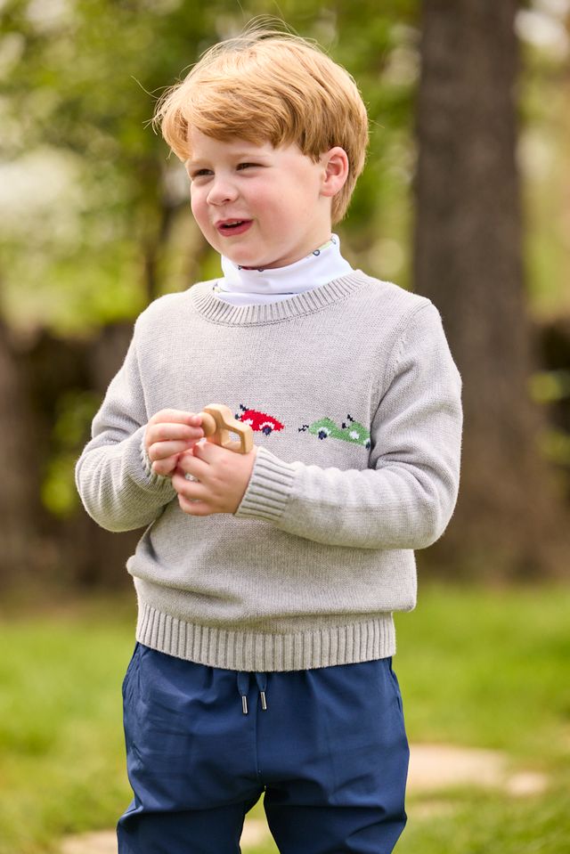 Little English Intarsia Sweater- Race Cars