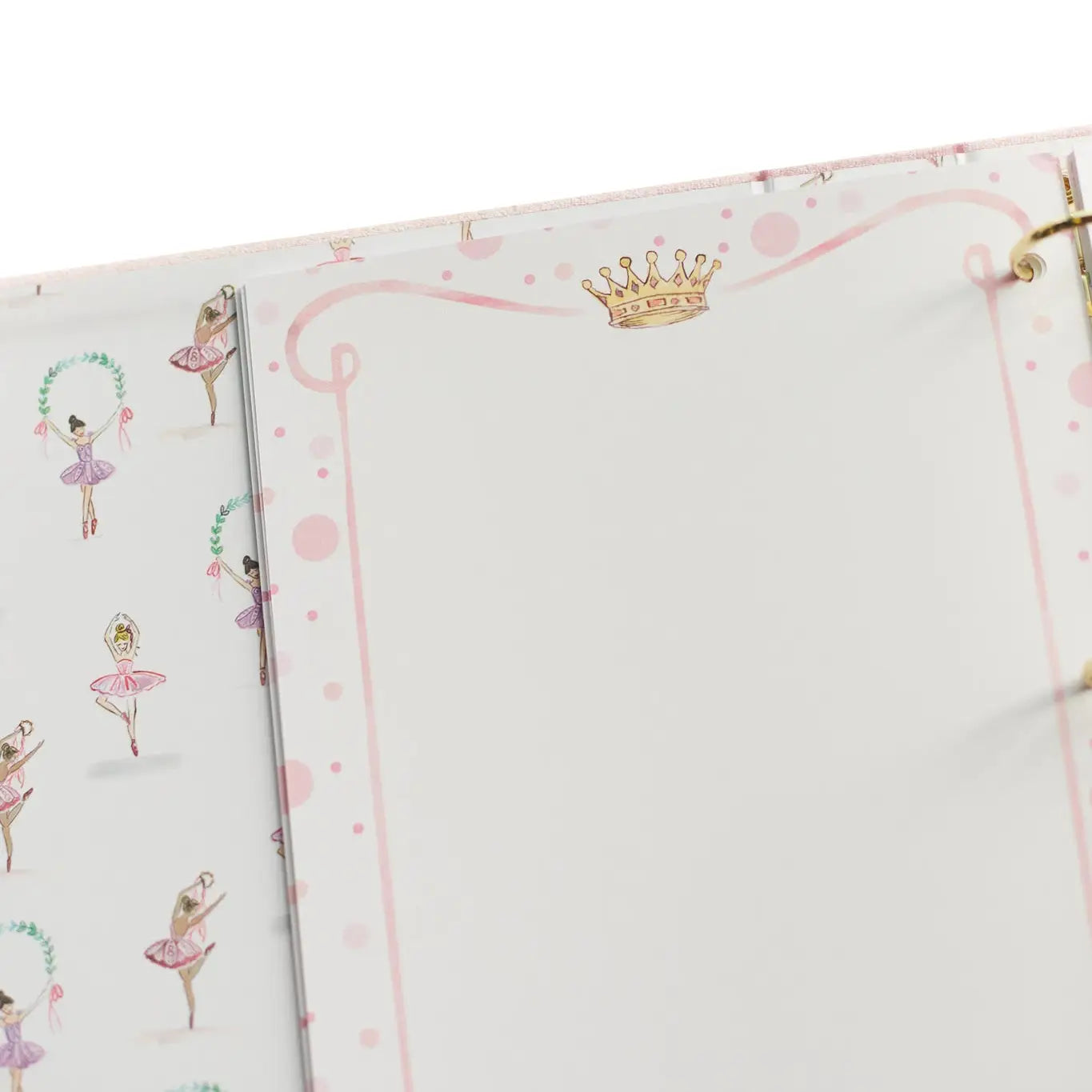Notebook with ballerina illustrations and a crown on the cover