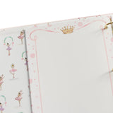 Notebook with ballerina illustrations and a crown on the cover